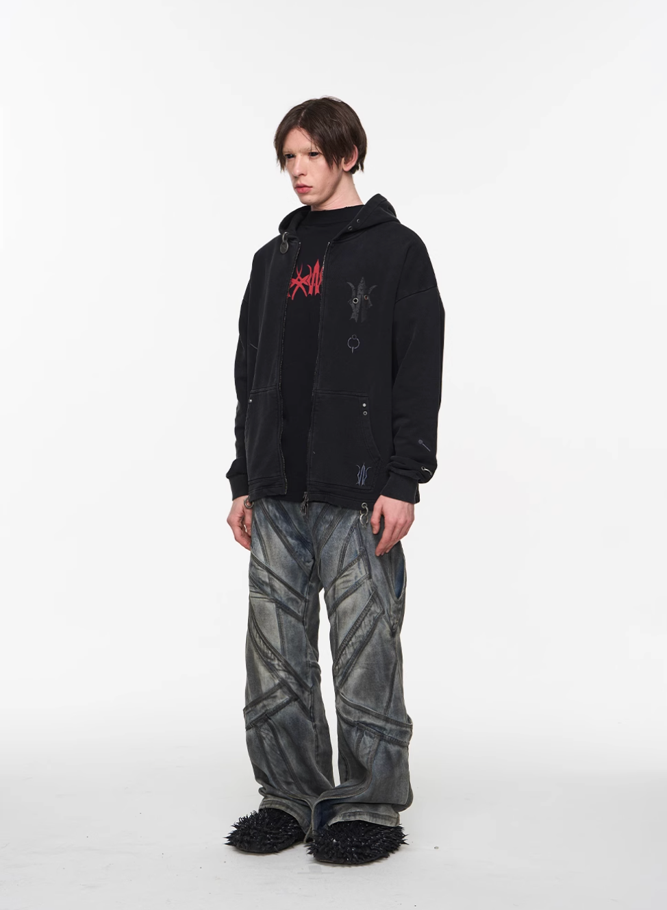 BLIND NO PLAN Washed Print Metal Detail Zip-Up Hoodie | Face 3 Face