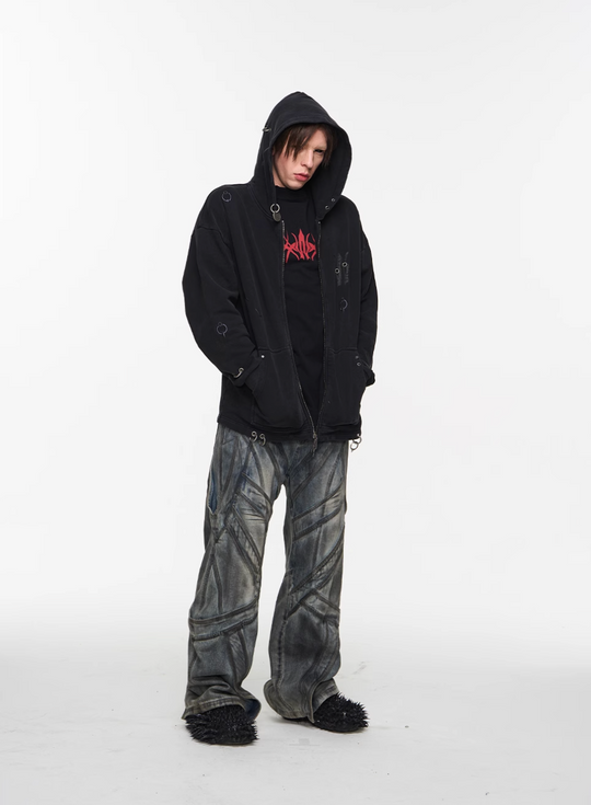 BLIND NO PLAN Washed Print Metal Detail Zip-Up Hoodie | Face 3 Face