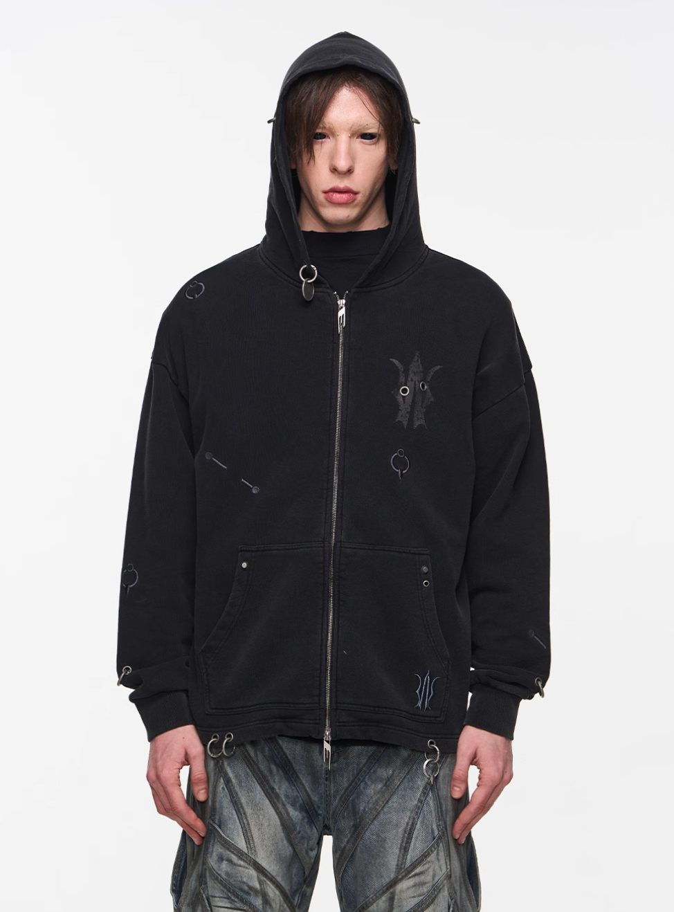 BLIND NO PLAN Washed Print Metal Detail Zip-Up Hoodie | Face 3 Face