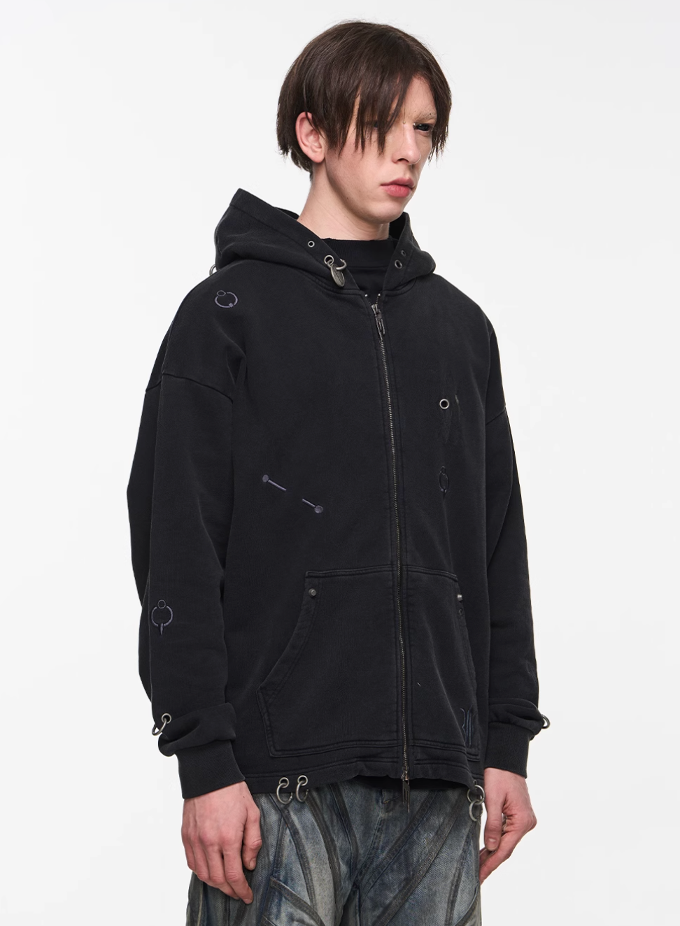 BLIND NO PLAN Washed Print Metal Detail Zip-Up Hoodie | Face 3 Face