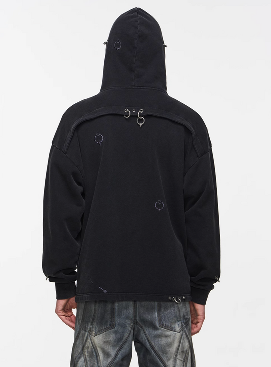 BLIND NO PLAN Washed Print Metal Detail Zip-Up Hoodie | Face 3 Face