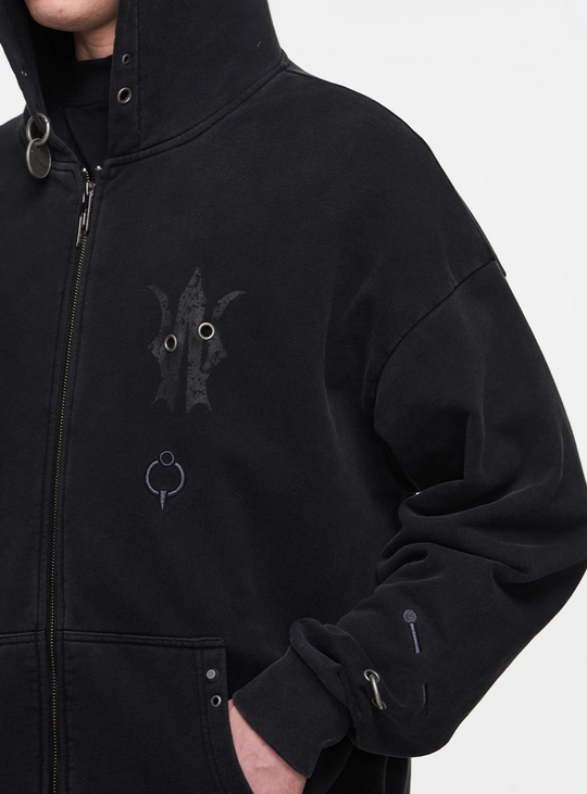 BLIND NO PLAN Washed Print Metal Detail Zip-Up Hoodie | Face 3 Face