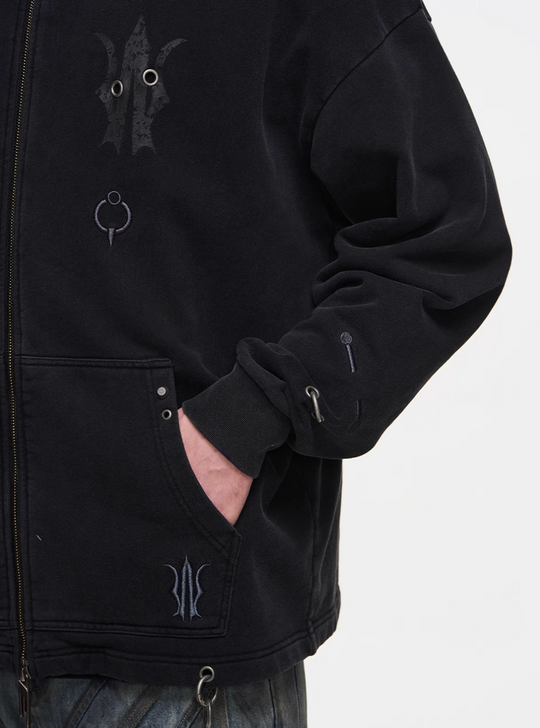 BLIND NO PLAN Washed Print Metal Detail Zip-Up Hoodie | Face 3 Face