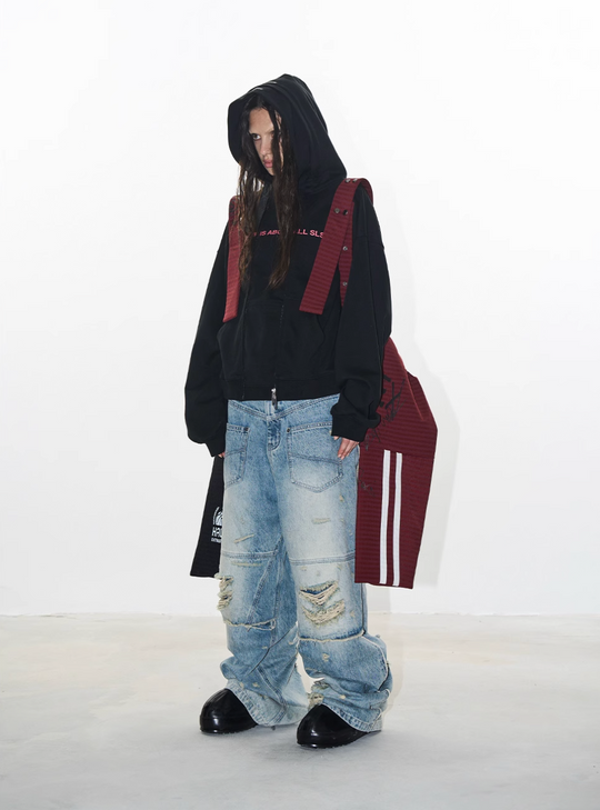 BLIND NO PLAN Double-Layer Patchwork Zipper Printed Hoodie | Face 3 Face