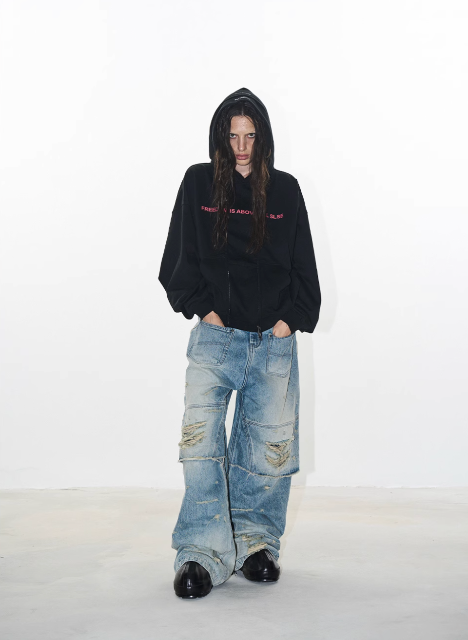 BLIND NO PLAN Double-Layer Patchwork Zipper Printed Hoodie | Face 3 Face