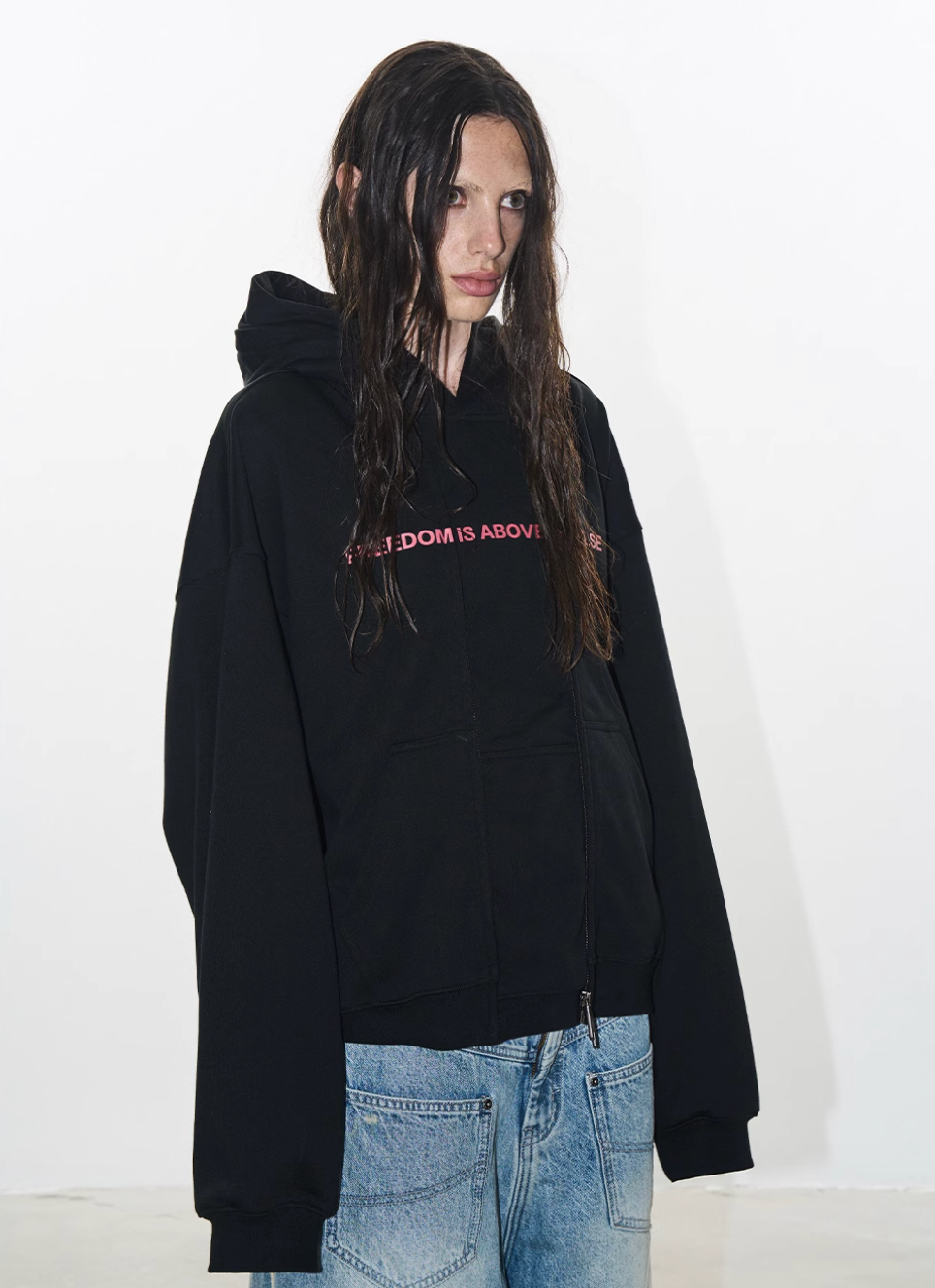 BLIND NO PLAN Double-Layer Patchwork Zipper Printed Hoodie | Face 3 Face