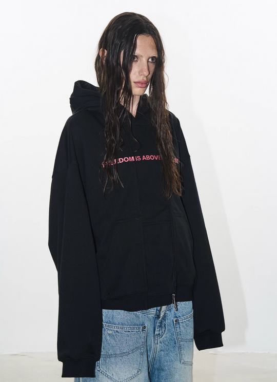 BLIND NO PLAN Double-Layer Patchwork Zipper Printed Hoodie | Face 3 Face