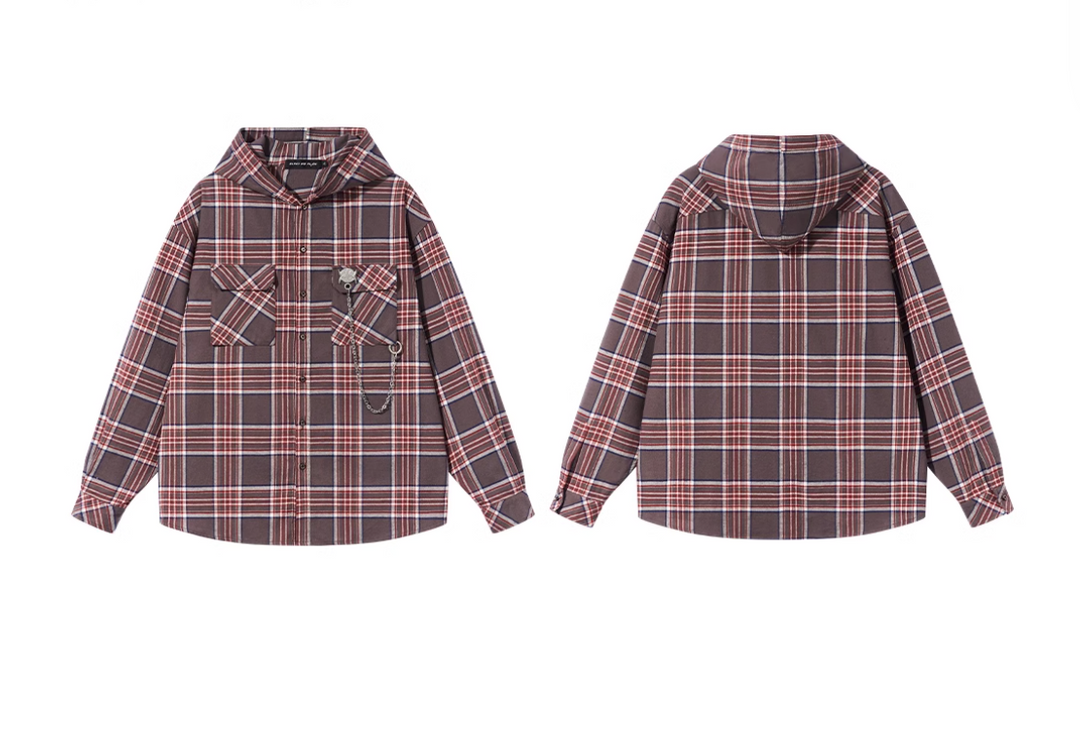 BLIND NO PLAN Metal Chain Hooded Plaid Long Sleeve Shirt | Face 3 Face
