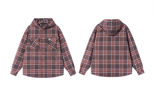 BLIND NO PLAN Metal Chain Hooded Plaid Long Sleeve Shirt | Face 3 Face