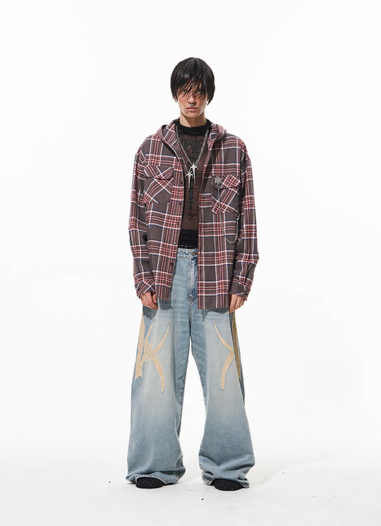 BLIND NO PLAN Metal Chain Hooded Plaid Long Sleeve Shirt | Face 3 Face