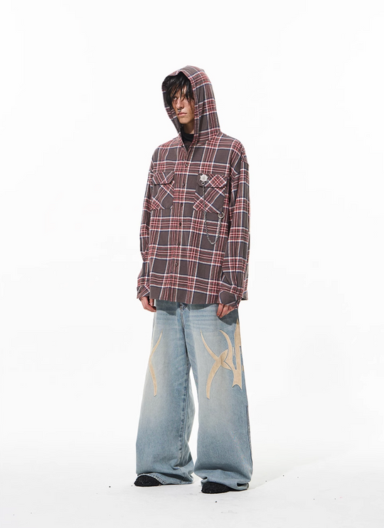 BLIND NO PLAN Metal Chain Hooded Plaid Long Sleeve Shirt | Face 3 Face