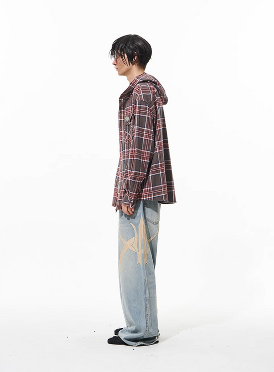 BLIND NO PLAN Metal Chain Hooded Plaid Long Sleeve Shirt | Face 3 Face