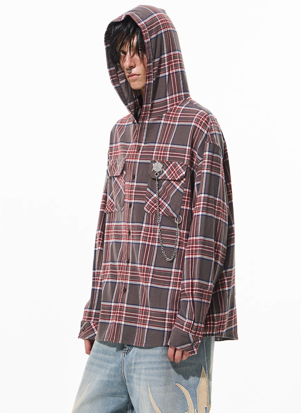 BLIND NO PLAN Metal Chain Hooded Plaid Long Sleeve Shirt | Face 3 Face