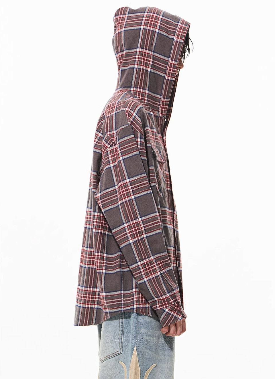BLIND NO PLAN Metal Chain Hooded Plaid Long Sleeve Shirt | Face 3 Face