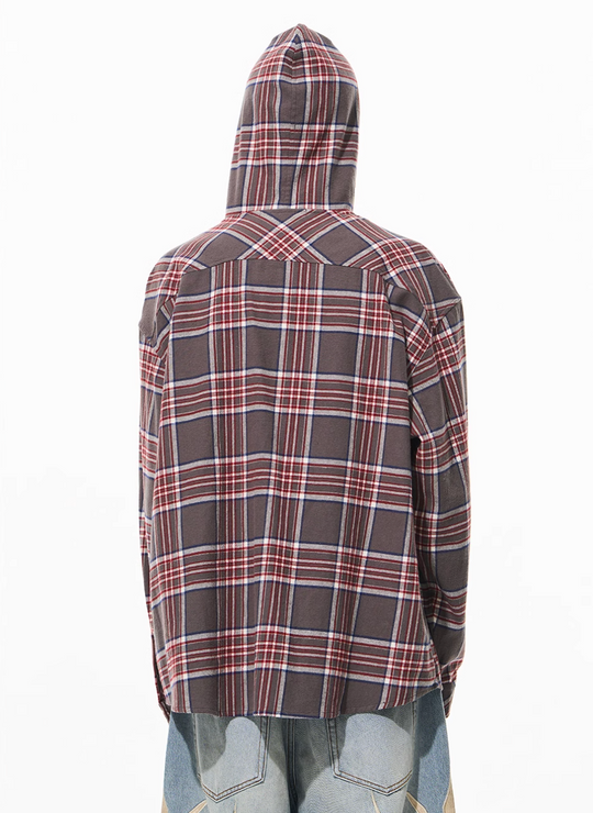 BLIND NO PLAN Metal Chain Hooded Plaid Long Sleeve Shirt | Face 3 Face