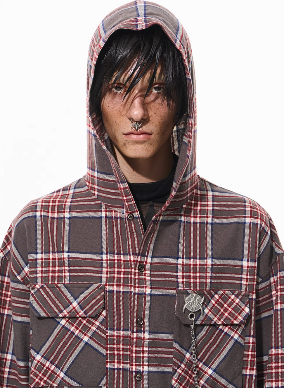 BLIND NO PLAN Metal Chain Hooded Plaid Long Sleeve Shirt | Face 3 Face