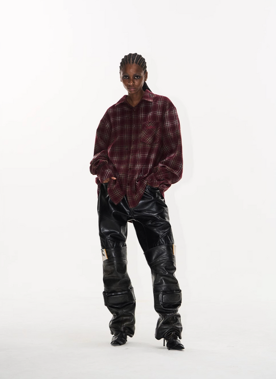 BLIND NO PLAN Washed Aged Cross Horse Patch Plaid Long Sleeve Shirt | Face 3 Face