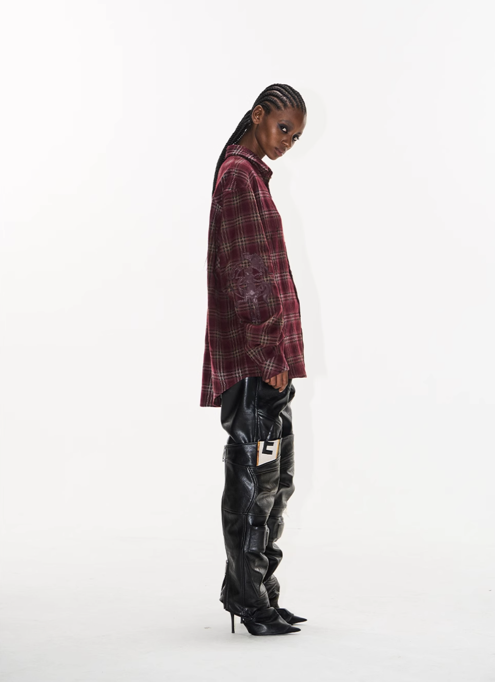 BLIND NO PLAN Washed Aged Cross Horse Patch Plaid Long Sleeve Shirt | Face 3 Face