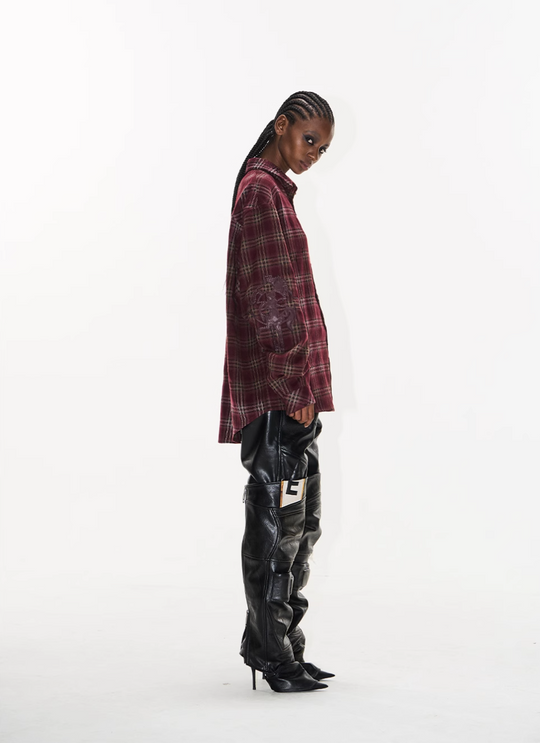 BLIND NO PLAN Washed Aged Cross Horse Patch Plaid Long Sleeve Shirt | Face 3 Face