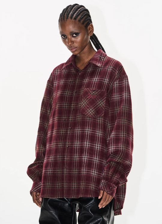 BLIND NO PLAN Washed Aged Cross Horse Patch Plaid Long Sleeve Shirt | Face 3 Face