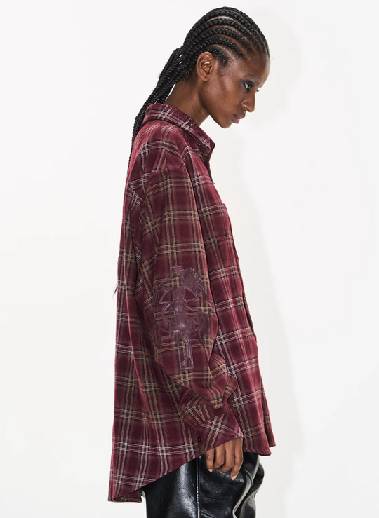 BLIND NO PLAN Washed Aged Cross Horse Patch Plaid Long Sleeve Shirt | Face 3 Face