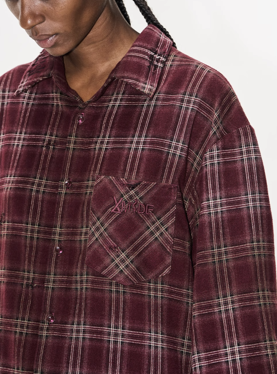 BLIND NO PLAN Washed Aged Cross Horse Patch Plaid Long Sleeve Shirt | Face 3 Face