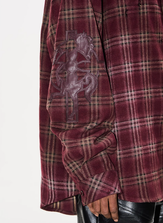 BLIND NO PLAN Washed Aged Cross Horse Patch Plaid Long Sleeve Shirt | Face 3 Face