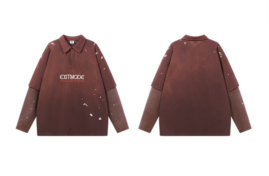 BLIND NO PLAN Ink Splash Double-Layer Washed Long-Sleeve Polo | Face 3 Face
