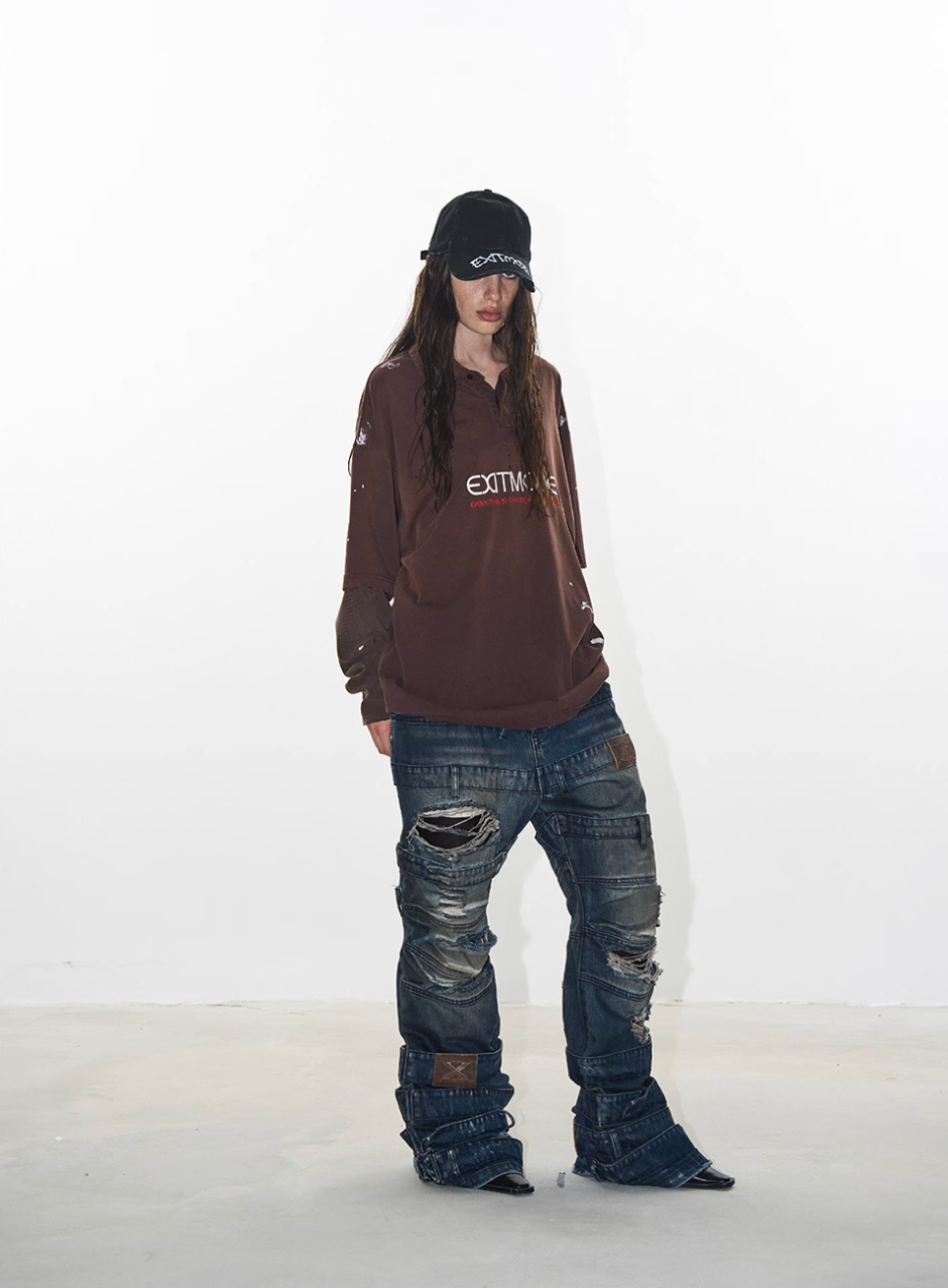 BLIND NO PLAN Ink Splash Double-Layer Washed Long-Sleeve Polo | Face 3 Face