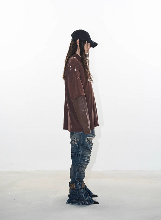 BLIND NO PLAN Ink Splash Double-Layer Washed Long-Sleeve Polo | Face 3 Face