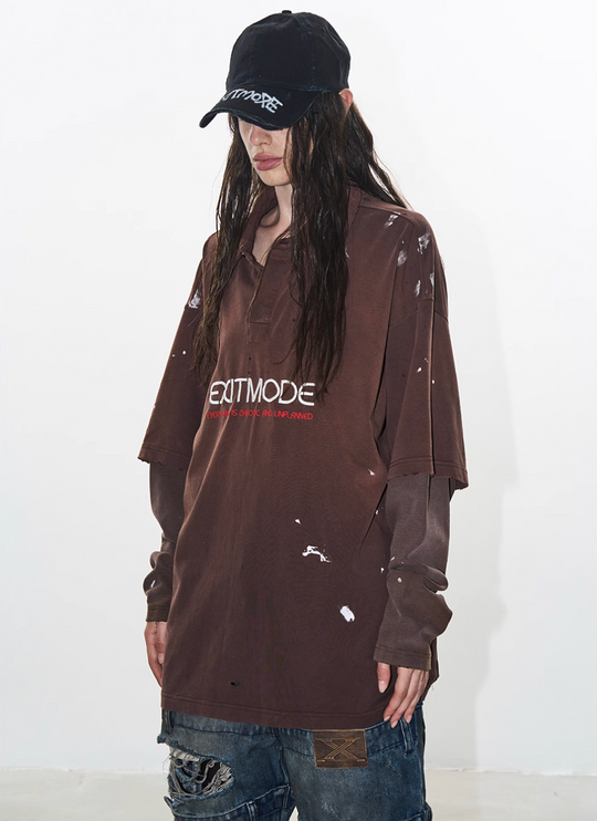 BLIND NO PLAN Ink Splash Double-Layer Washed Long-Sleeve Polo | Face 3 Face