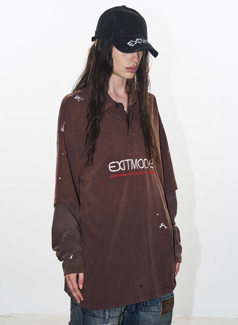 BLIND NO PLAN Ink Splash Double-Layer Washed Long-Sleeve Polo | Face 3 Face