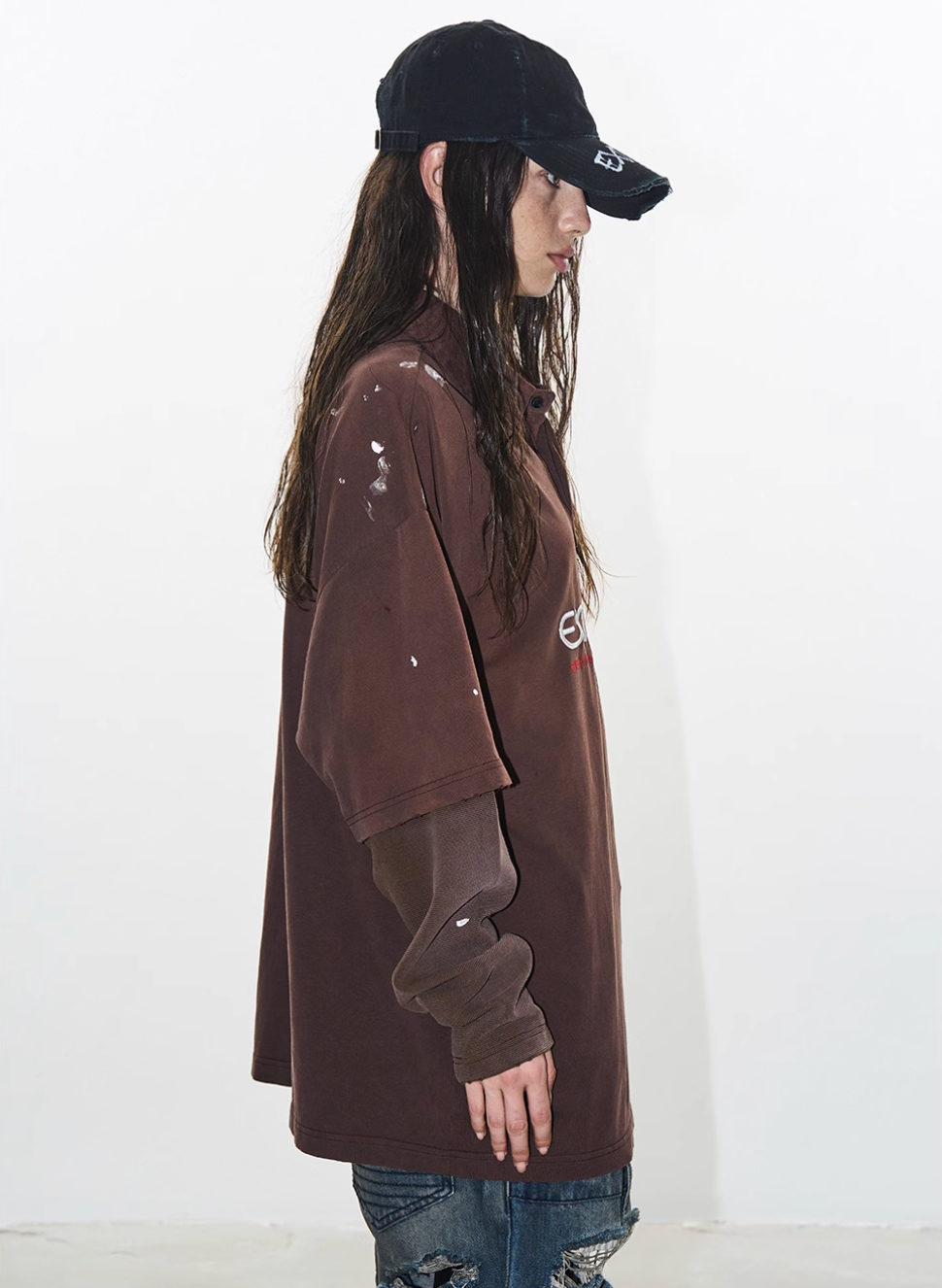 BLIND NO PLAN Ink Splash Double-Layer Washed Long-Sleeve Polo | Face 3 Face