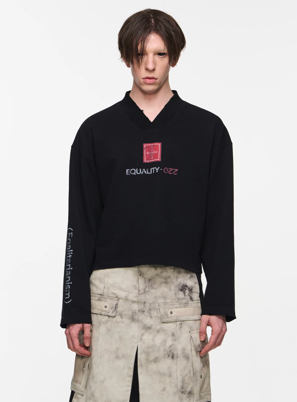 BLIND NO PLAN V-Neck Washed Print Long Sleeve Tee | Face 3 Face