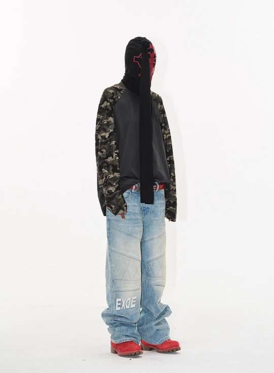 BLIND NO PLAN Camouflage Contrast Embroidered Raglan Long Sleeve Tee | Face 3 Face