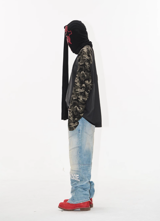 BLIND NO PLAN Camouflage Contrast Embroidered Raglan Long Sleeve Tee | Face 3 Face