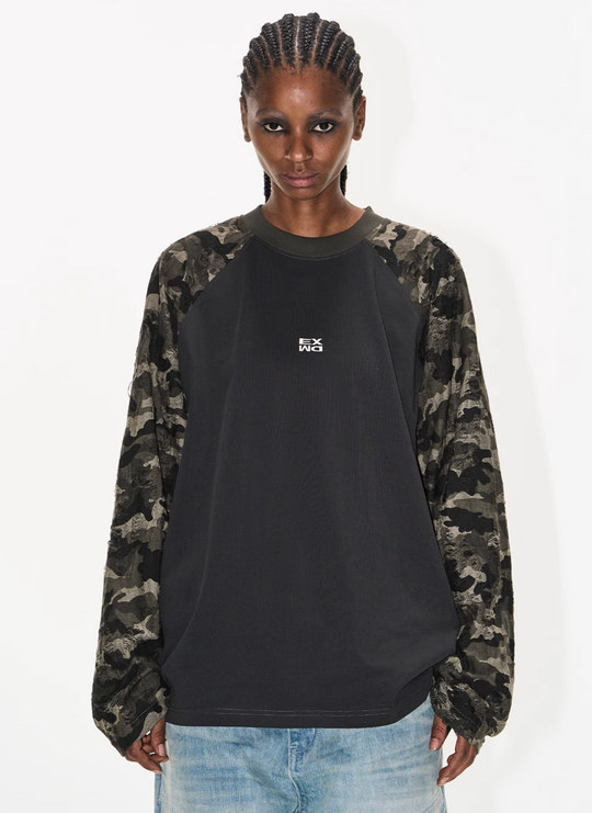BLIND NO PLAN Camouflage Contrast Embroidered Raglan Long Sleeve Tee | Face 3 Face