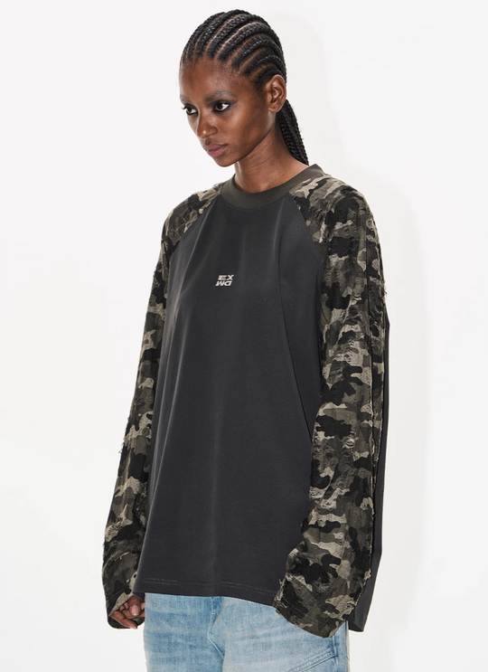 BLIND NO PLAN Camouflage Contrast Embroidered Raglan Long Sleeve Tee | Face 3 Face