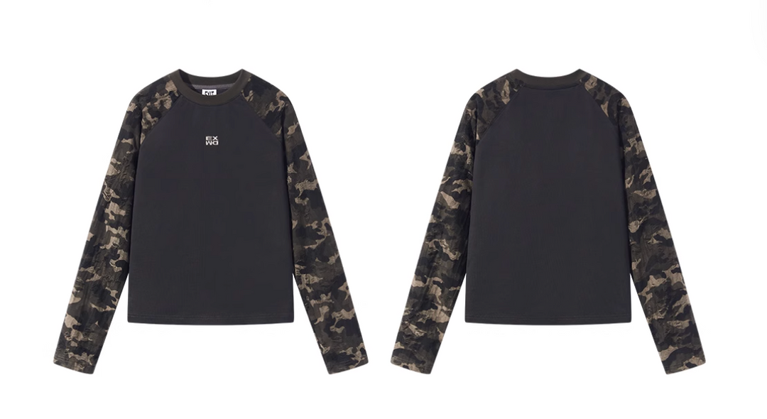 BLIND NO PLAN Camouflage Contrast Embroidered Raglan Long Sleeve Short Tee | Face 3 Face