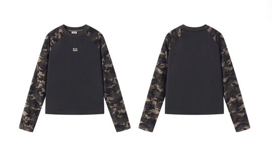 BLIND NO PLAN Camouflage Contrast Embroidered Raglan Long Sleeve Short Tee | Face 3 Face