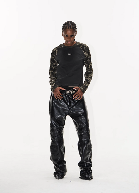 BLIND NO PLAN Camouflage Contrast Embroidered Raglan Long Sleeve Short Tee | Face 3 Face