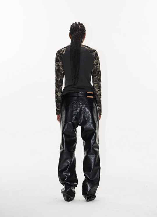 BLIND NO PLAN Camouflage Contrast Embroidered Raglan Long Sleeve Short Tee | Face 3 Face