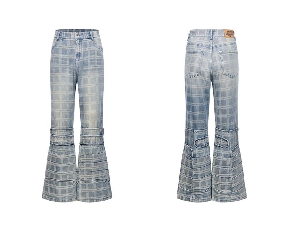 BLIND NO PLAN Plaid Patchwork Bootcut Washed Jeans | Face 3 Face