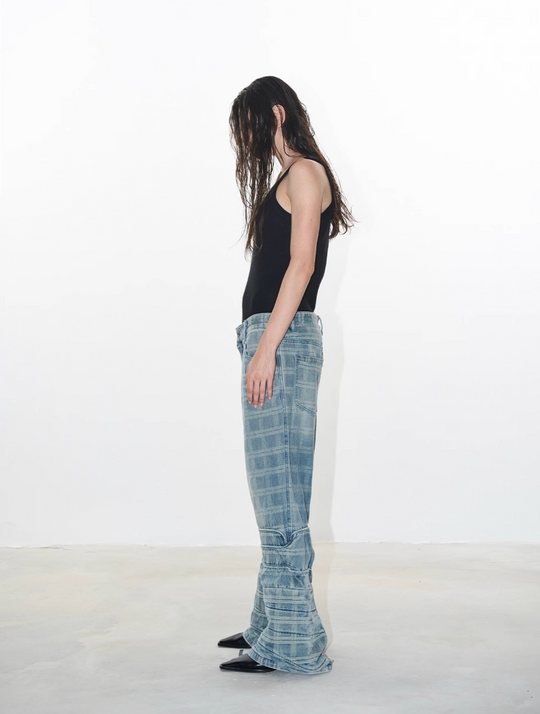 BLIND NO PLAN Plaid Patchwork Bootcut Washed Jeans | Face 3 Face