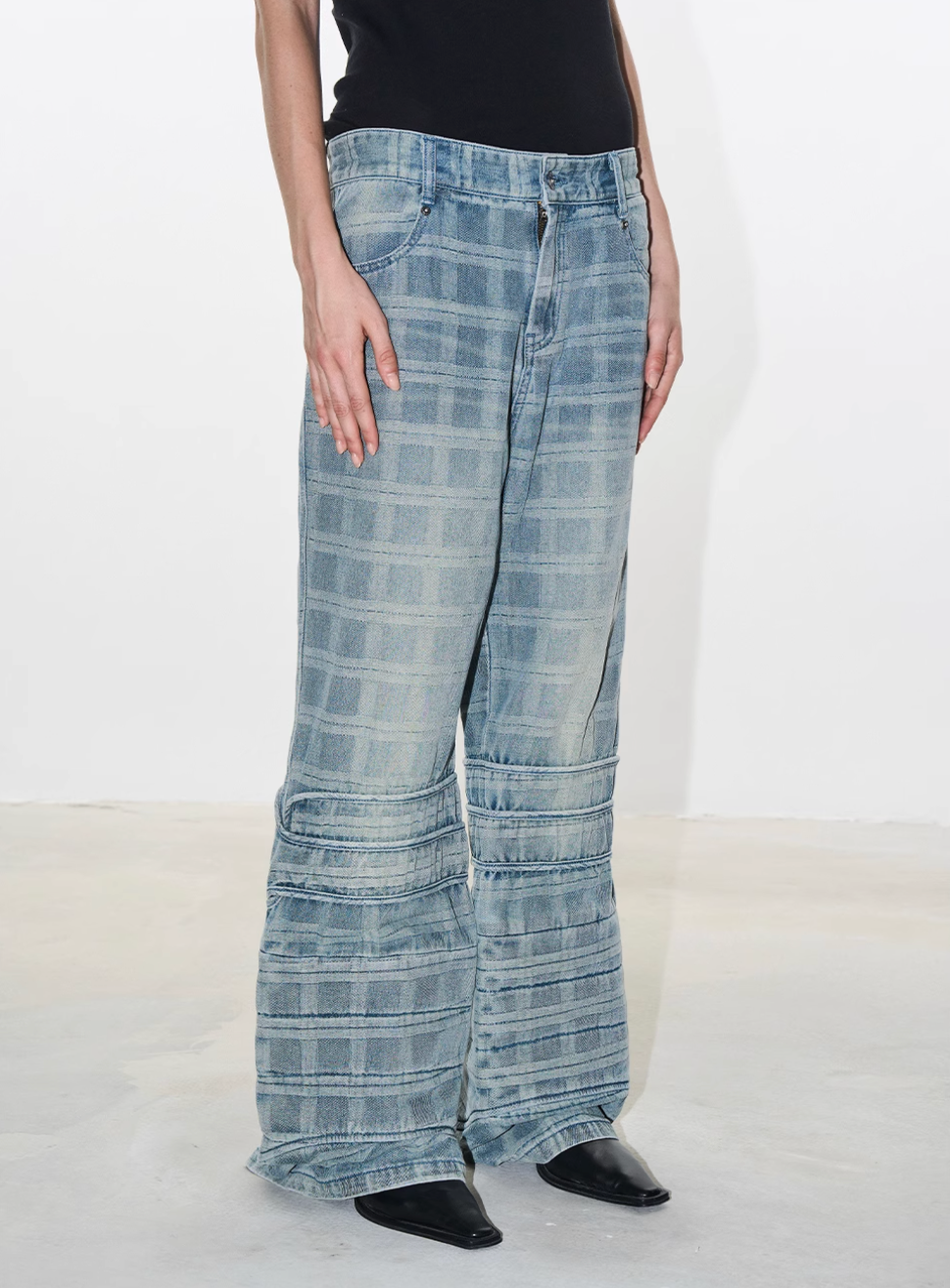 BLIND NO PLAN Plaid Patchwork Bootcut Washed Jeans | Face 3 Face