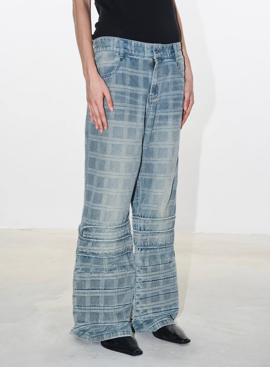 BLIND NO PLAN Plaid Patchwork Bootcut Washed Jeans | Face 3 Face