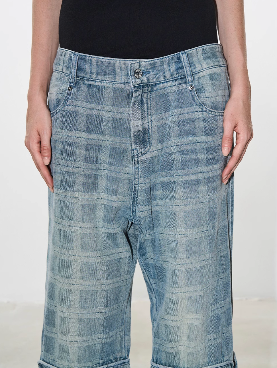 BLIND NO PLAN Plaid Patchwork Bootcut Washed Jeans | Face 3 Face