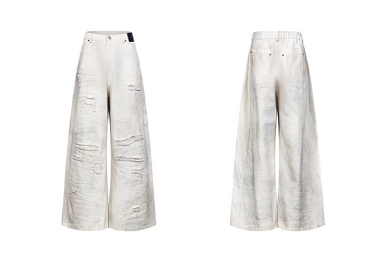 BLIND NO PLAN Washed Mud-Dyed Ripped White Baggy Jeans | Face 3 Face