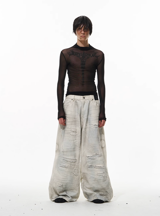 BLIND NO PLAN Washed Mud-Dyed Ripped White Baggy Jeans | Face 3 Face