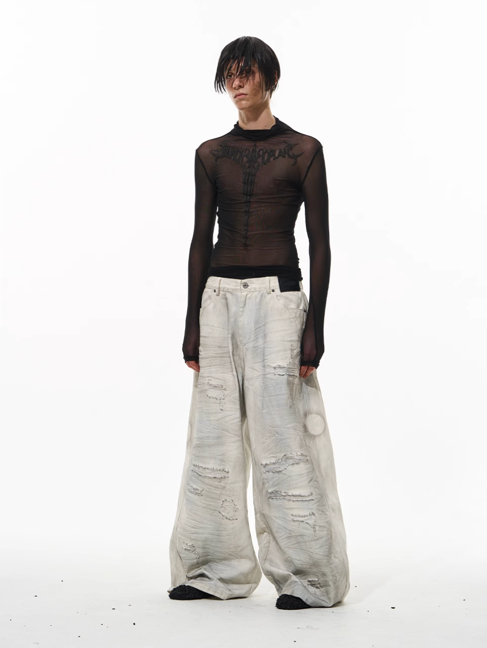 BLIND NO PLAN Washed Mud-Dyed Ripped White Baggy Jeans | Face 3 Face